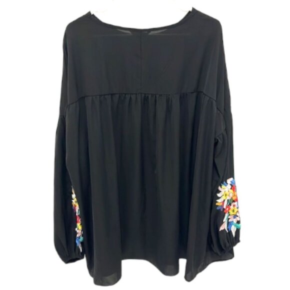 Shein Curve Black Bell Sleeve Bright Embroidered Floral Boho Plus Size Tunic 2XL - Picture 2 of 6